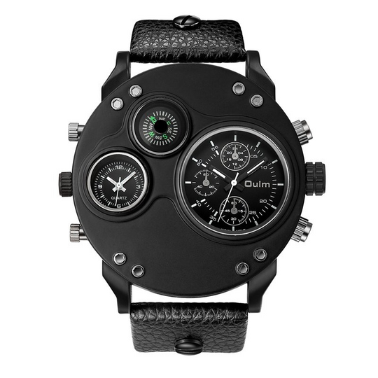 Black Leather Double Time Zone Quartz Watch