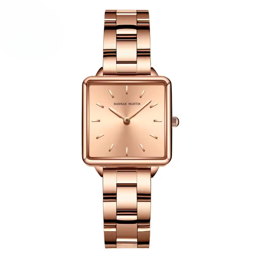 Montre à quartz carrée en acier inoxydable avec cadran or rose