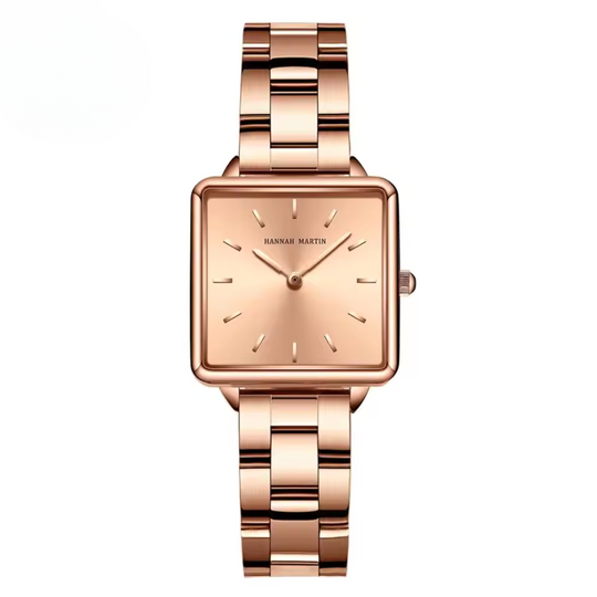 Montre à quartz carrée en acier inoxydable avec cadran or rose