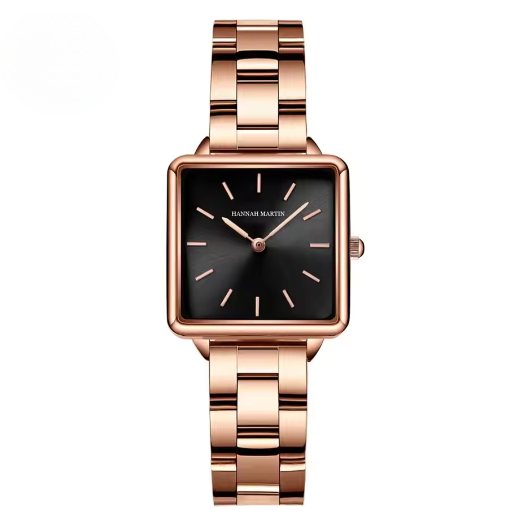 Montre à quartz carrée en acier inoxydable avec cadran or rose
