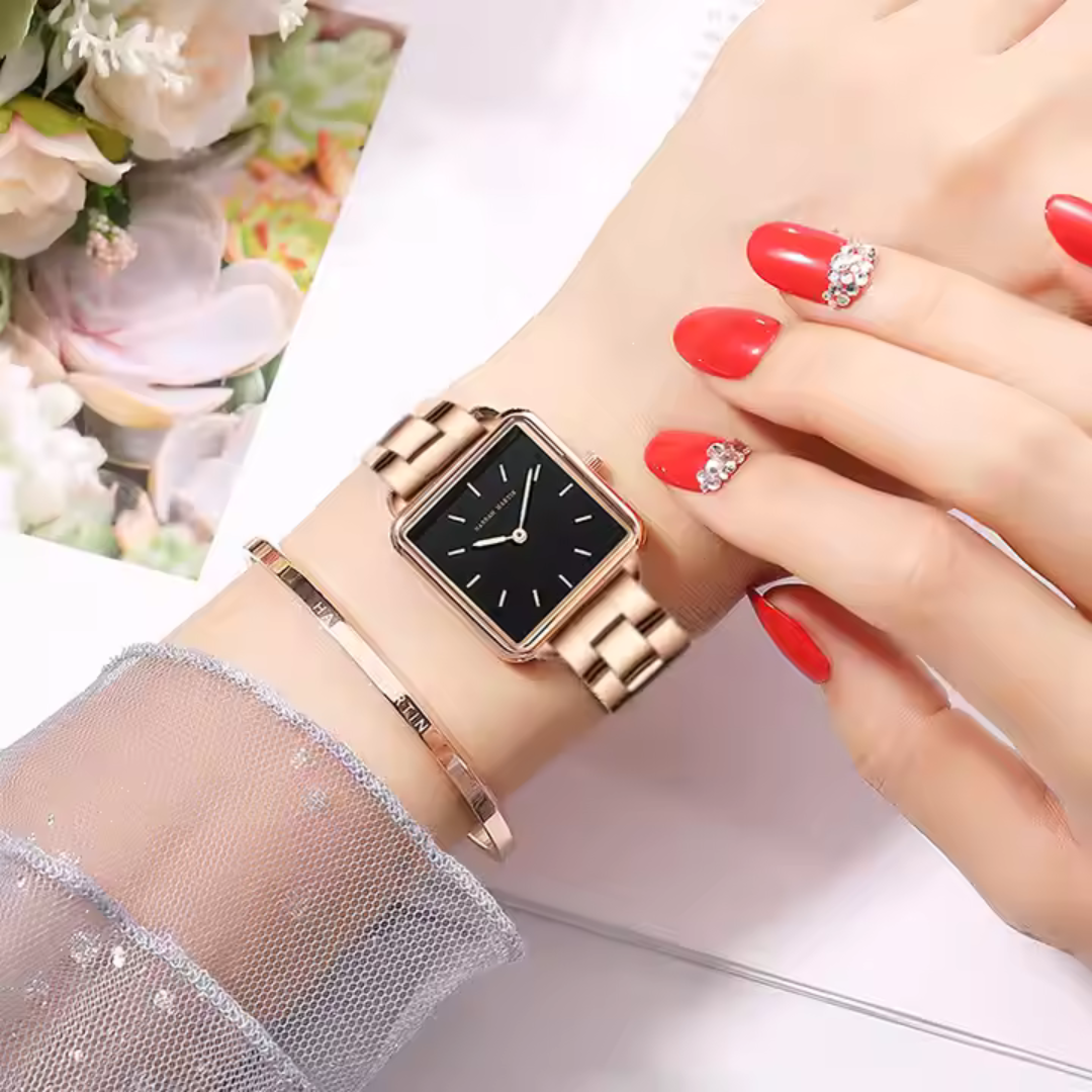 Montre à quartz carrée en acier inoxydable avec cadran or rose