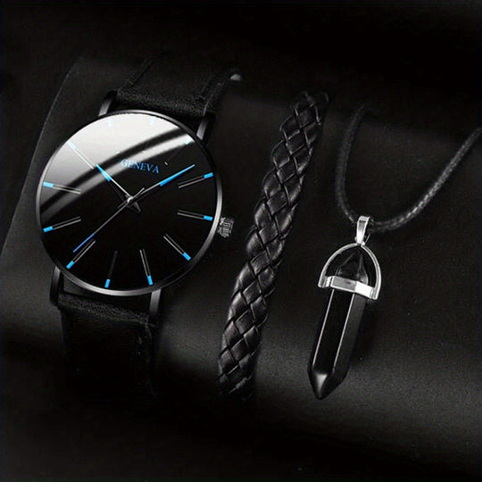 Luxus Leder Quarz Armbanduhr & Armband Set