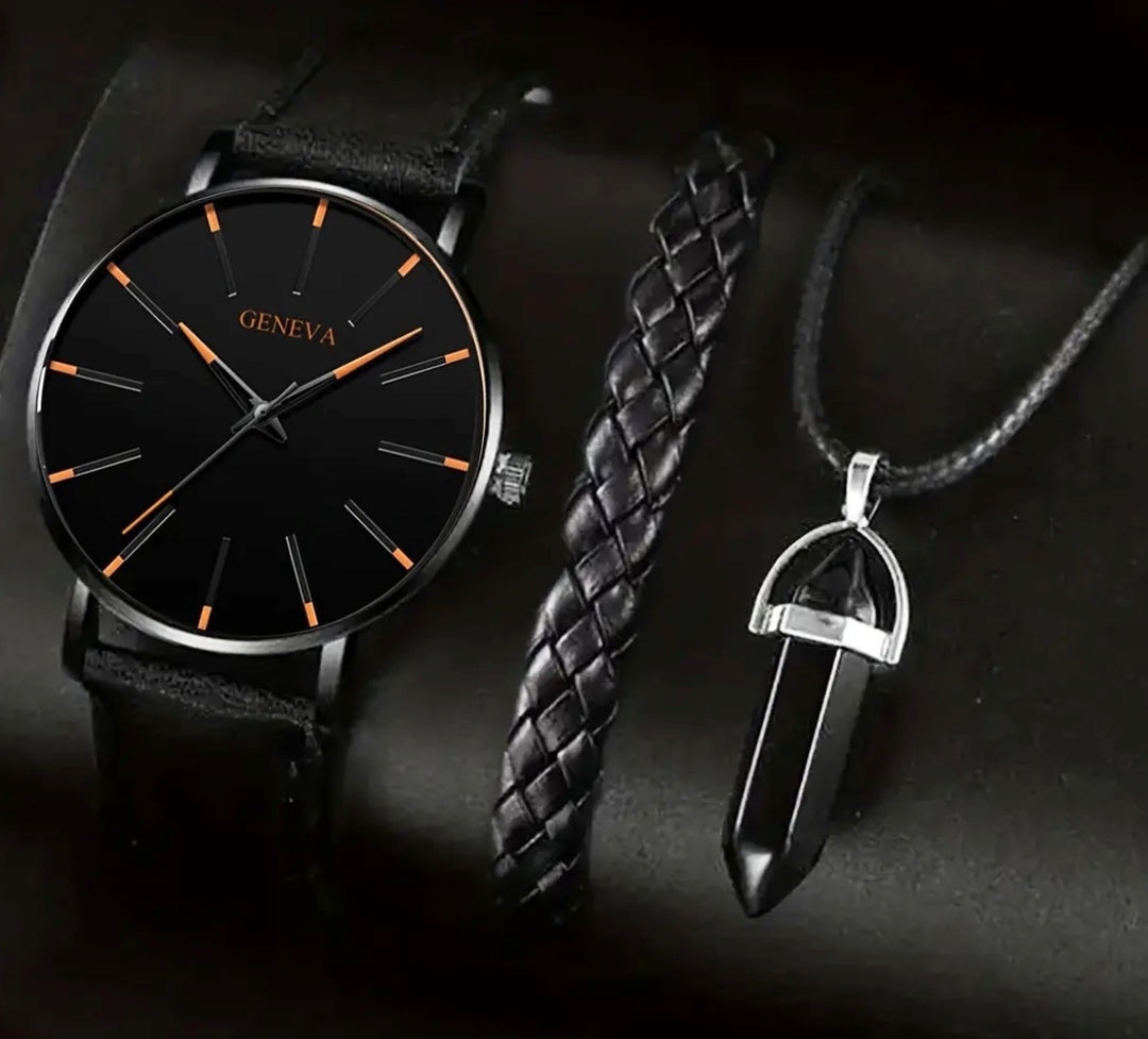 Luxus Leder Quarz Armbanduhr & Armband Set