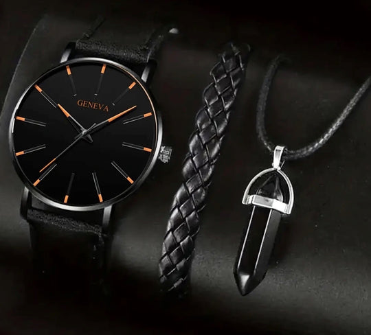 Luxus Leder Quarz Armbanduhr & Armband Set
