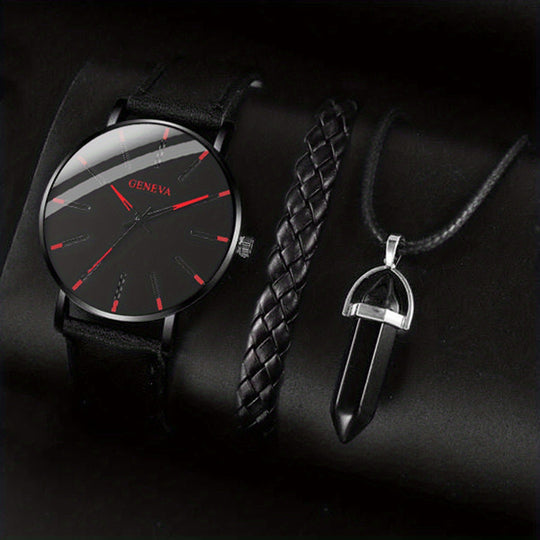 Luxus Leder Quarz Armbanduhr & Armband Set