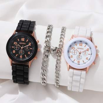 Montre à quartz classique avec bracelet en silicone et ensemble de bracelets