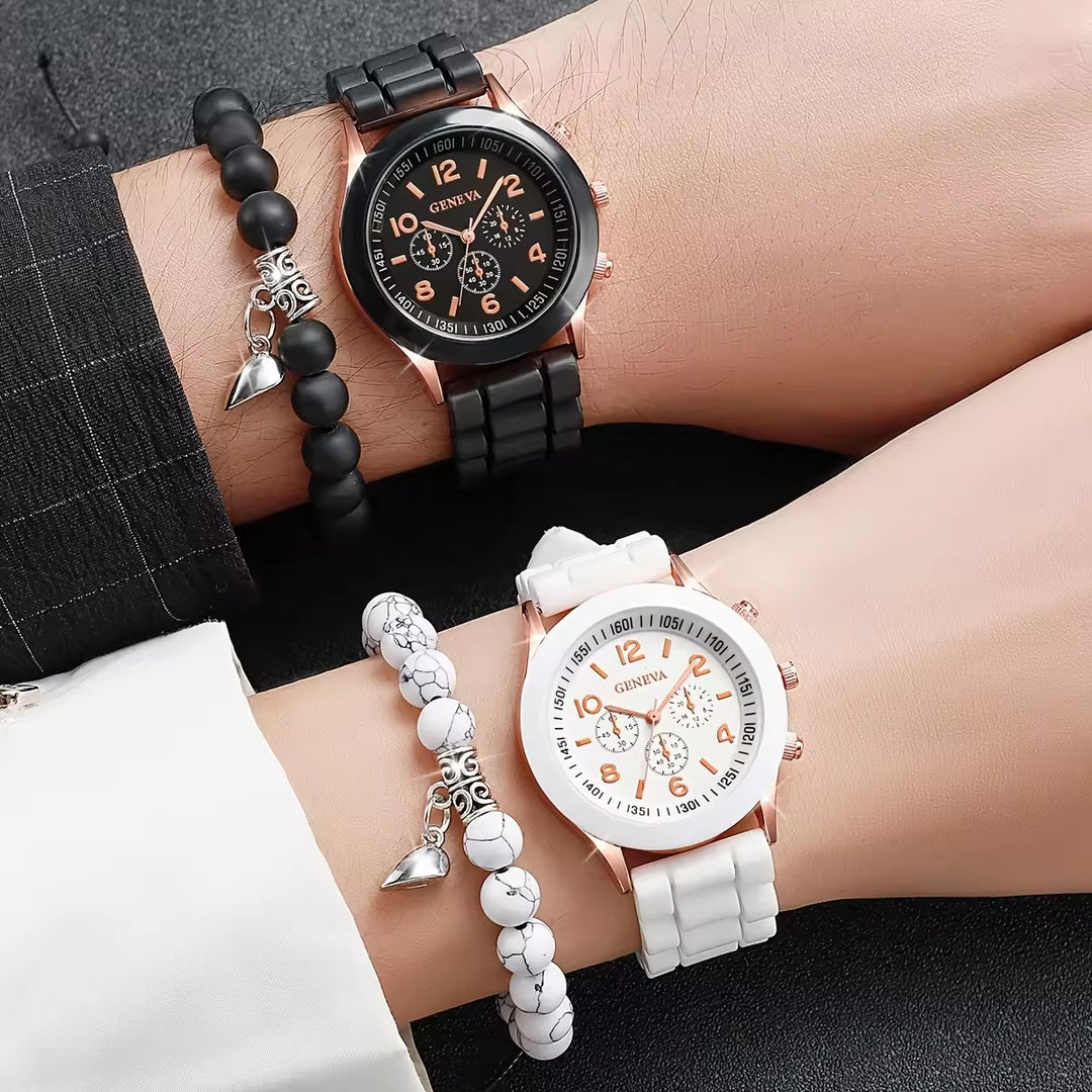Montre à quartz classique avec bracelet en silicone et ensemble de bracelets