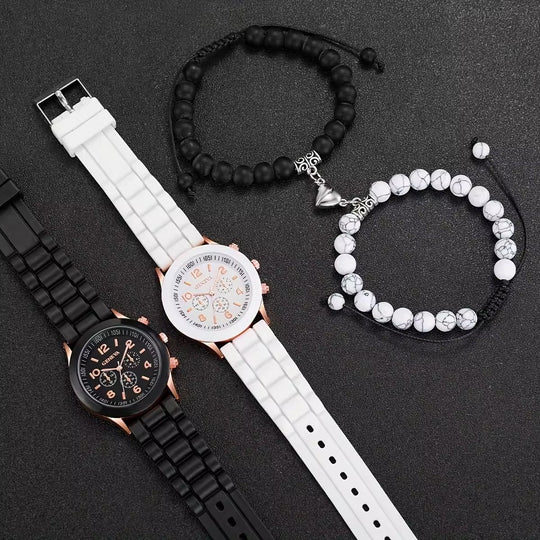 Montre à quartz classique avec bracelet en silicone et ensemble de bracelets