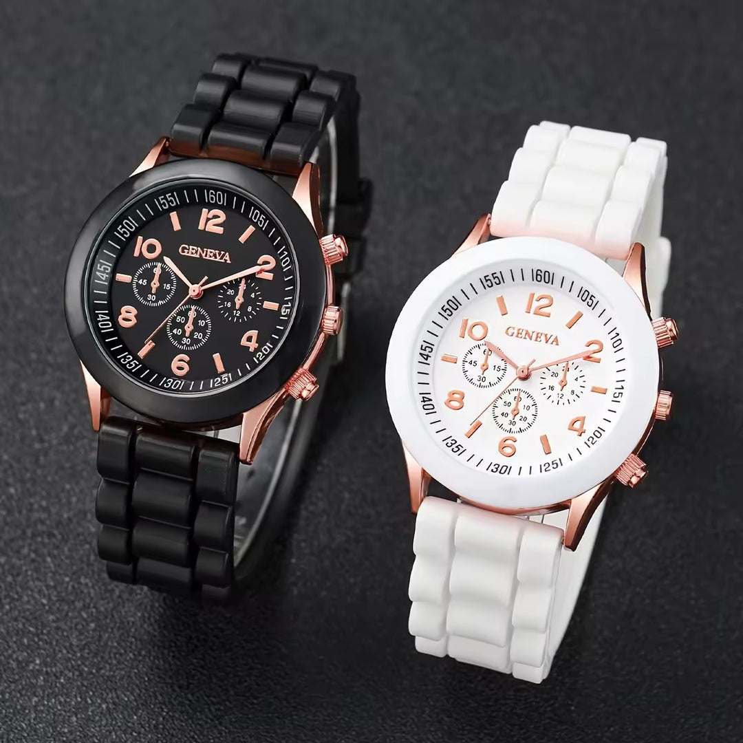 Montre à quartz classique avec bracelet en silicone et ensemble de bracelets