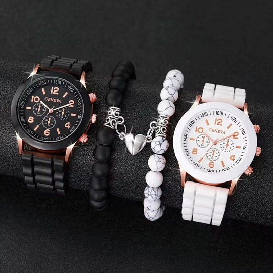 Montre à quartz classique avec bracelet en silicone et ensemble de bracelets